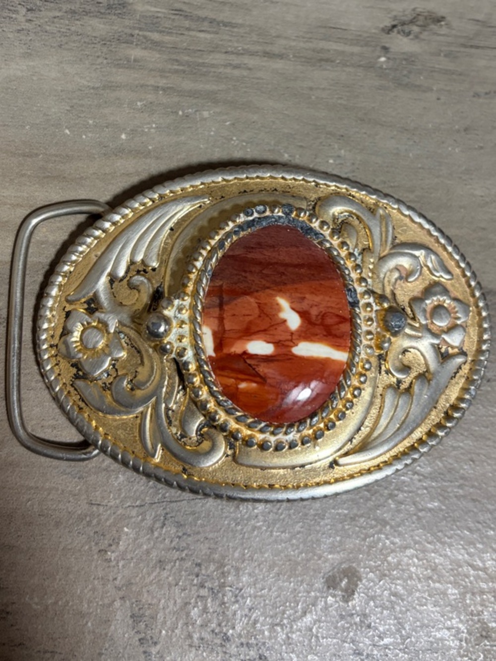Ornate Oval Belt Buckle with Red Stone Center